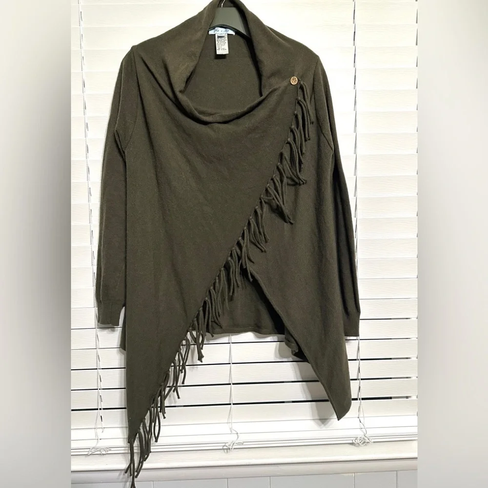 #20)  She + Sky Olive green wrap fringe cardigan Size S